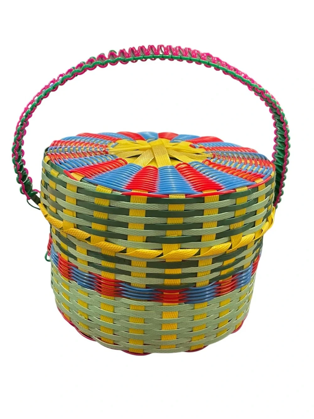 Colorful rainbow woven plastic basket with lid 6” tall 8.5” diameter